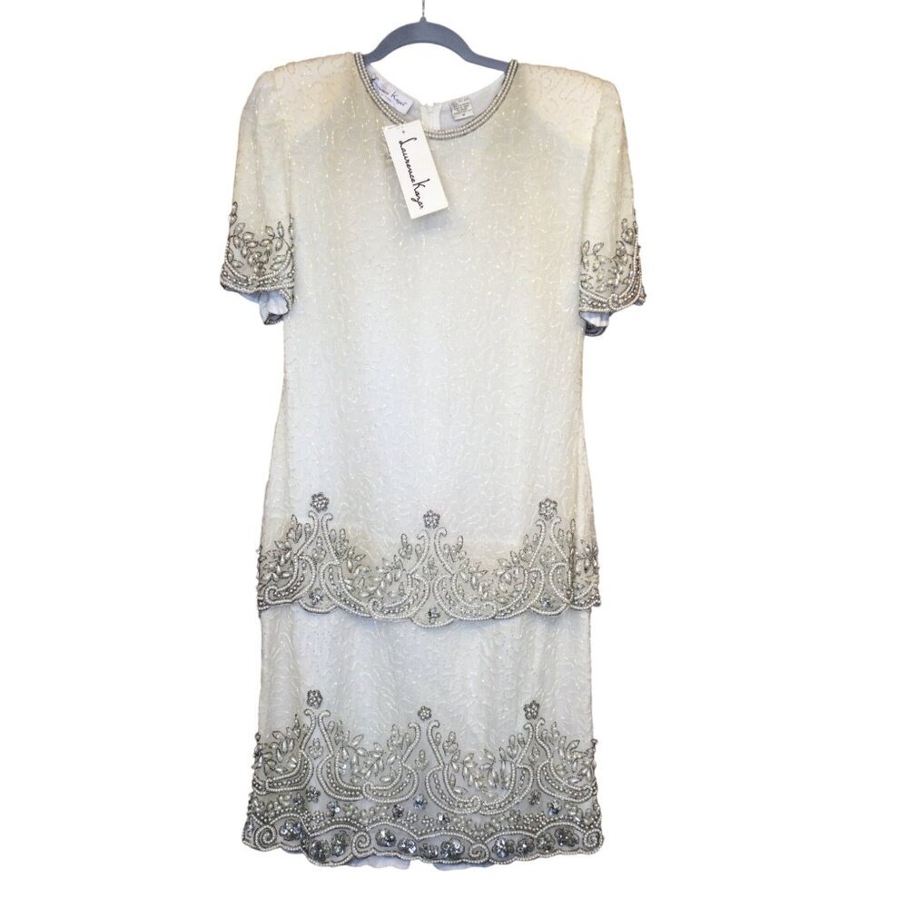 Vintage Handmade Laurence Kazar White Heavily Beaded Sequin Formal Dress Size M